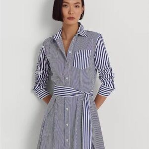 LAUREN RALPH LAUREN Petite Striped Cotton Broadcloth Logo Shirtdress Sz 10P